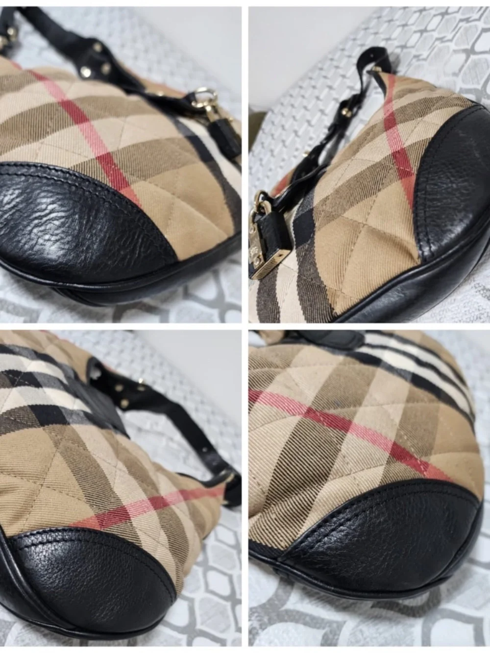 Authentic Burberry Quilted House Check Canvas and Leather Brooke Hobo Bag Beige/